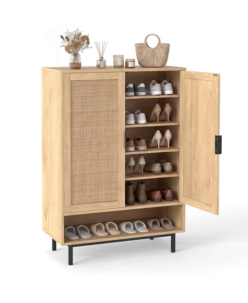 Gymax Shoe Cabinet 2 Doors6-Tier Rattan Storage Adjustable Shelves