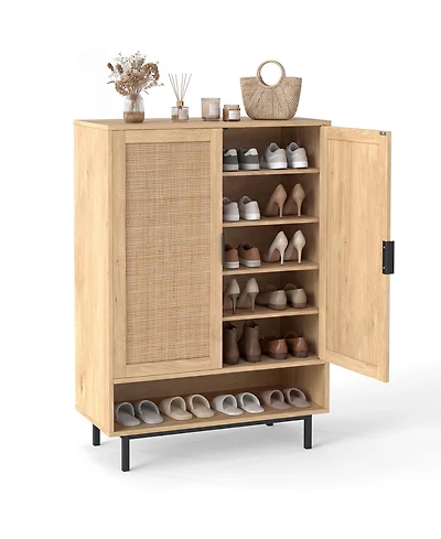 Gymax Shoe Cabinet 2 Doors6-Tier Rattan Storage Adjustable Shelves