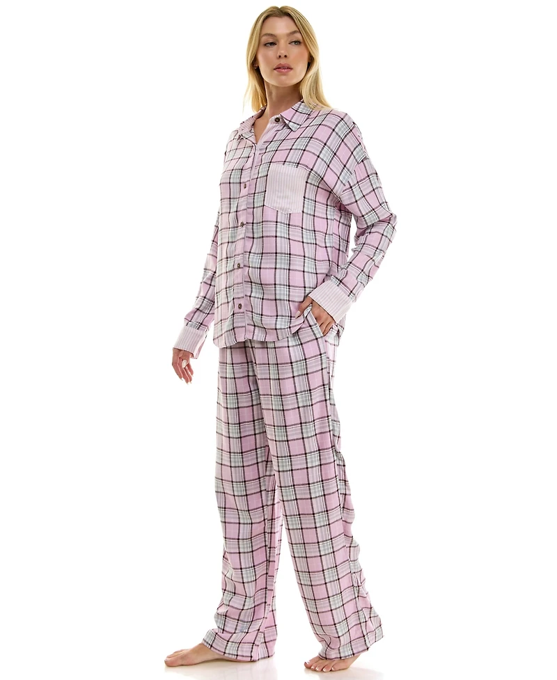 Roudelain Women's Flannel Collared Long-Sleeve Shirt and Pant Pajama Set