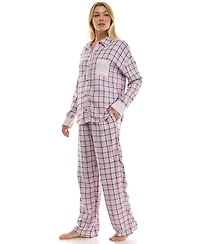 Roudelain Women's Flannel Collared Long-Sleeve Shirt and Pant Pajama Set
