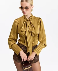 Avec Les Filles Women's Long-Puff Sleeve Scarf-Tie Neck Blouse