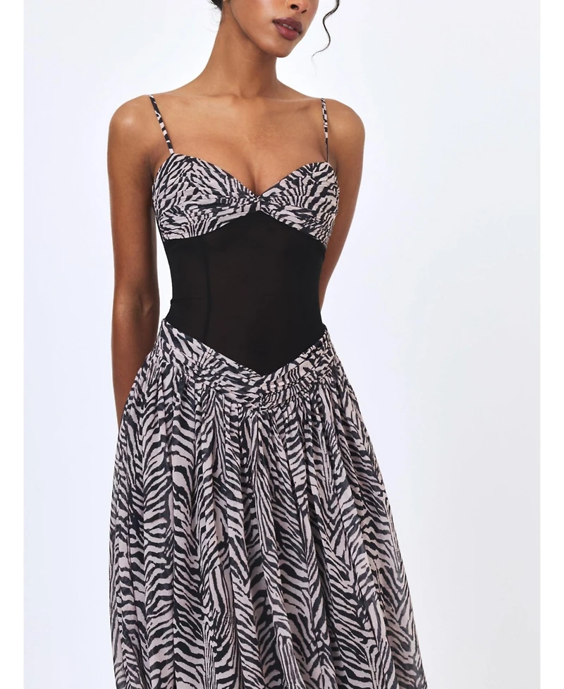 Miss Circle Women's Onora Zebra Print Chiffon Dipped Waist Maxi Dress