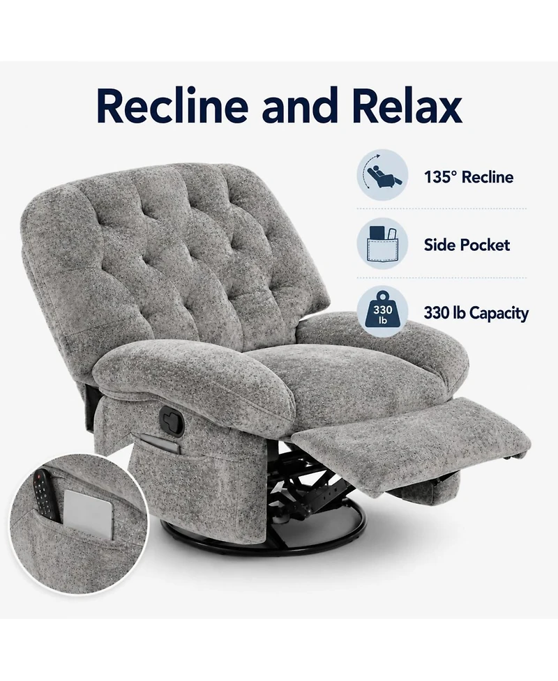 gaomon Swivel Rocker Recliner Chenille, 360degree(s) Swivel, Rocking, Side Pockets and Footrest, 135degree(s) Recline