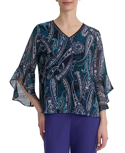 Kasper Women's Printed V-Neck Ruffle-Sleeve Blouse