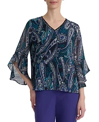 Kasper Women's Printed V-Neck Ruffle-Sleeve Blouse
