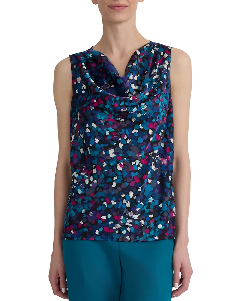 Kasper Women's Printed Pleated Cowlneck Sleeveless Top
