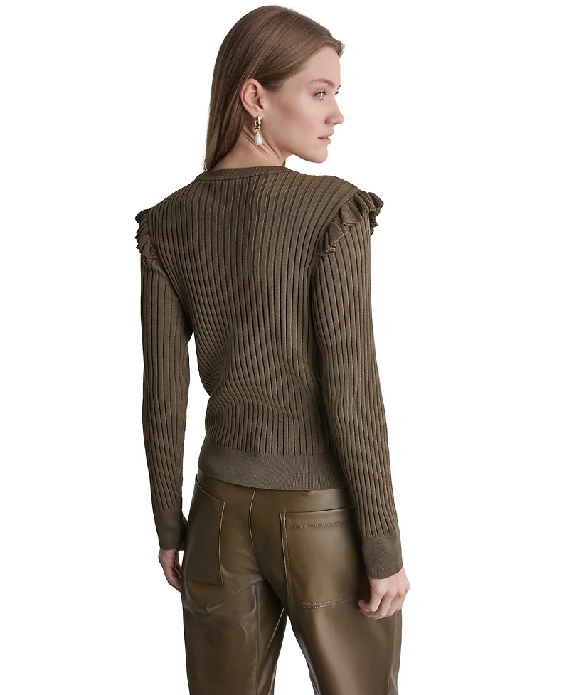 Bcbg Women's Ruffle-Trim Ribbed-Knit Long-Sleeve Crewneck Sweater