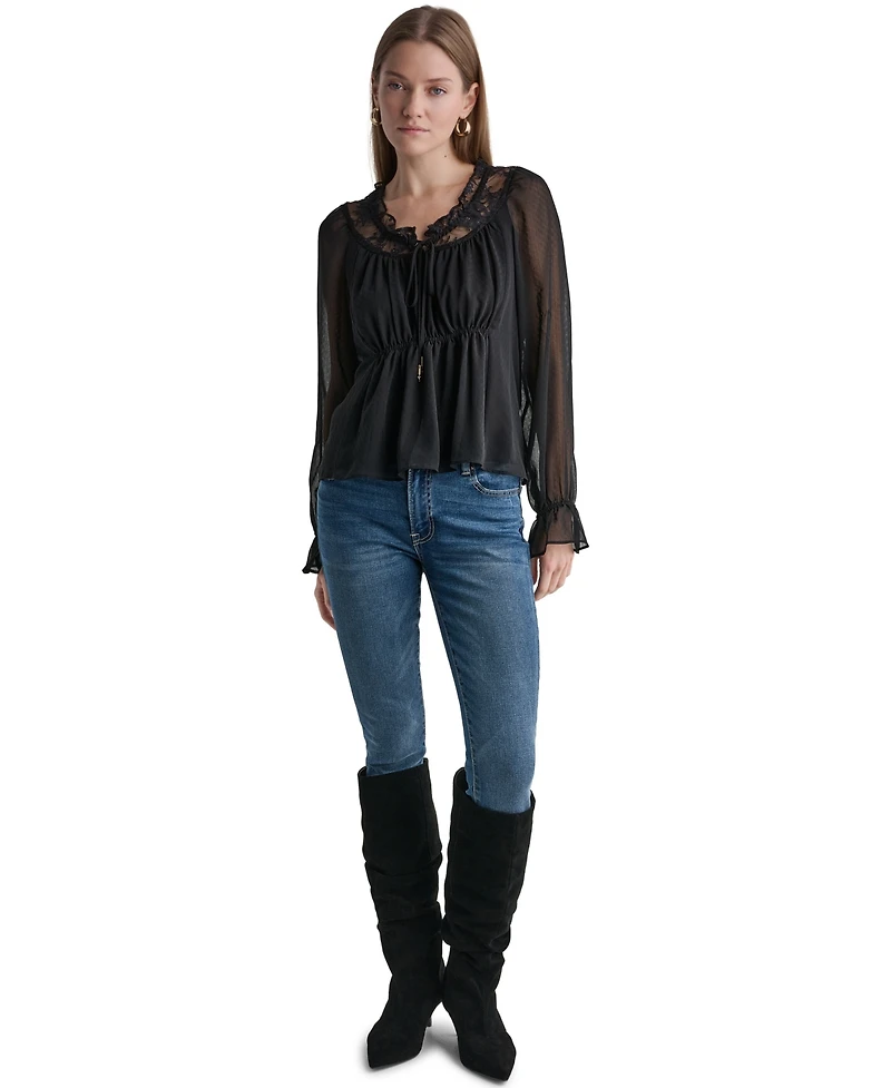 Bcbg Women's Scoop Neckline Lace-Trim Long-Sleeve Blouse