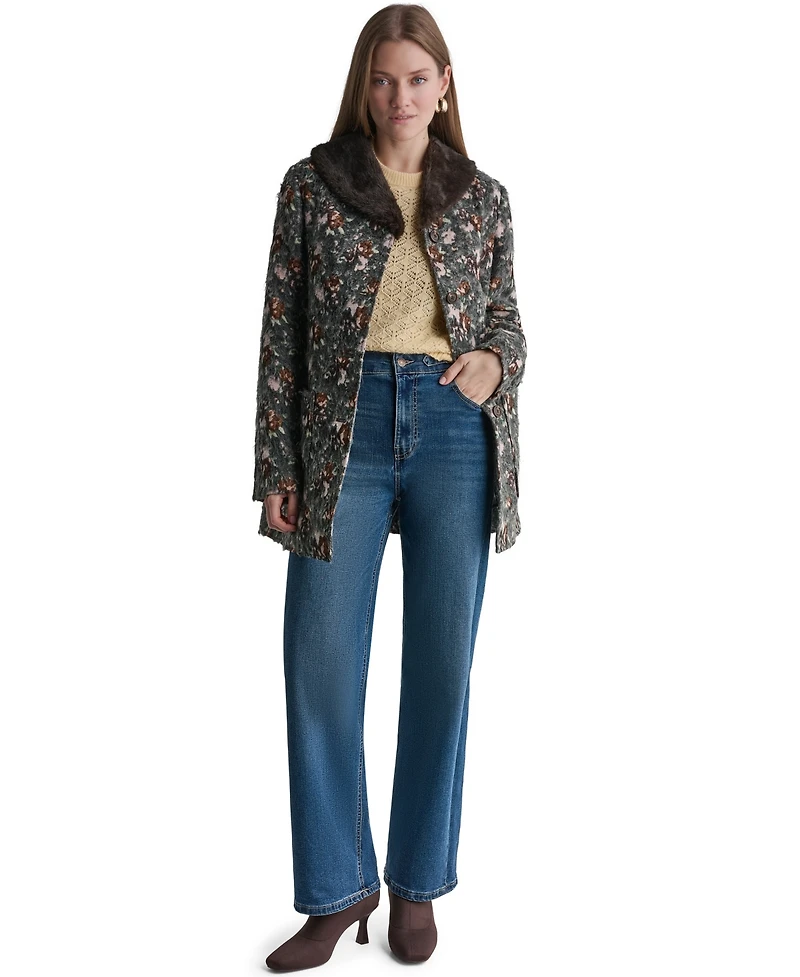 Bcbg Women's Long-Sleeve Floral Faux-Fur Coat