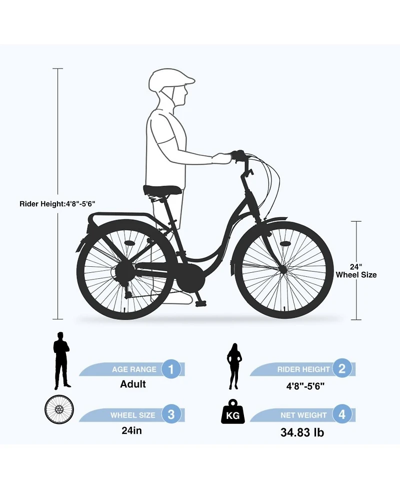 ECHTPeak 24-Inch Beach Cruiser Bike, 7 Speed V - Brake Cruiser Bike, Anti-Skid Tires, with Rear Rack Bell, Steel Frame, for Girls Women Senior