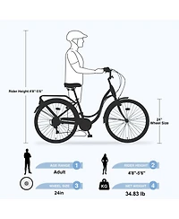 ECHTPeak 24-Inch Beach Cruiser Bike, 7 Speed V - Brake Cruiser Bike, Anti-Skid Tires, with Rear Rack Bell, Steel Frame, for Girls Women Senior
