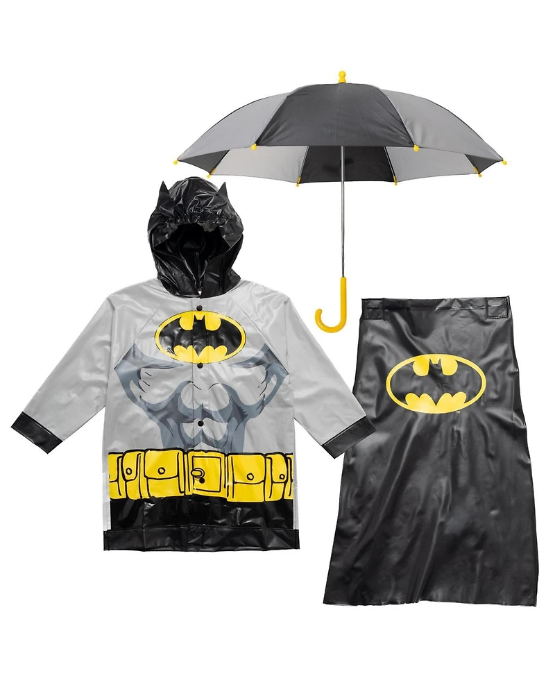 Justice League Toddler Boys Dc Comics Superman Batman Waterproof Rain Jacket Cape and Umbrella 3 Piece Set to