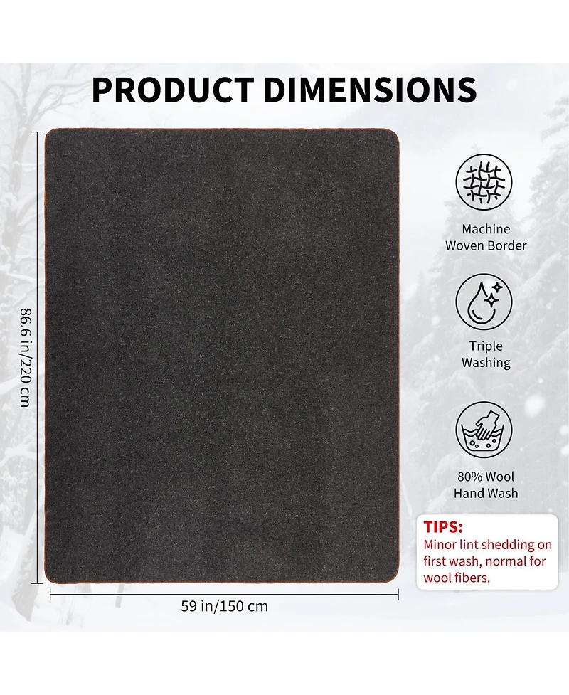 Maxsa Wool Camping Blanket, 80% Wool 20% Polyester Outdoor Throw, Warm Portable Blanket with Stitched Edges, Solid Gray, 59" x 86.6
