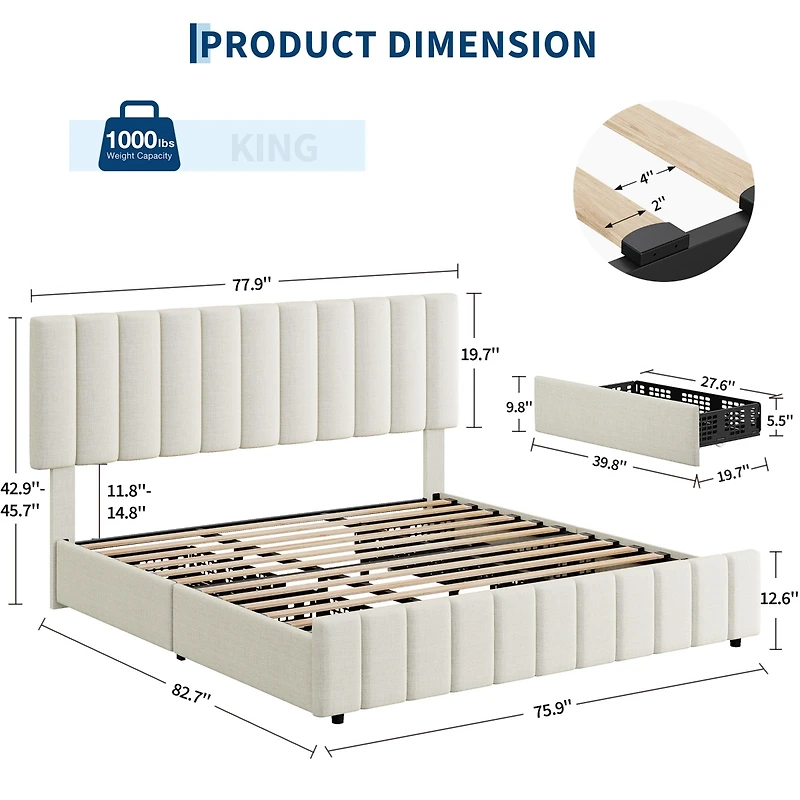 Gaomon Modern Upholstered Platform Bed Frame Featuring 4 Storage Drawers, Adjustable Height Headboard, Heavy Duty Construction