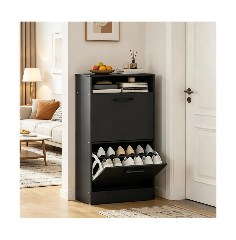 Slickblue 2 Large Flip-Down Drawer Shoe Cabinet with Open Top Storage Shelf