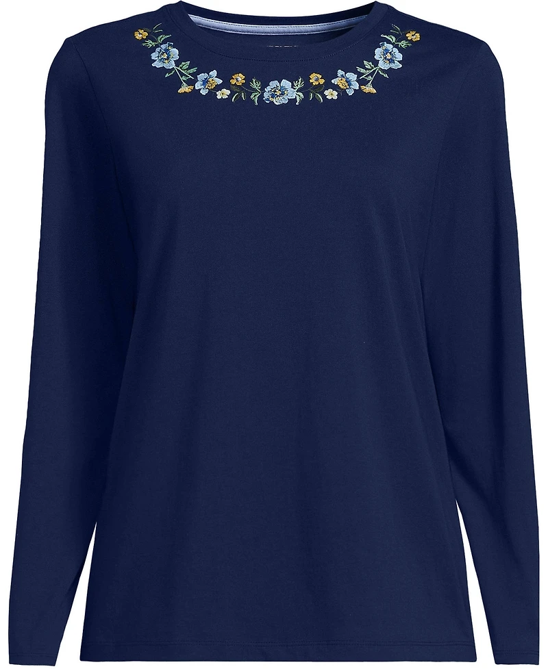 Lands' End Plus Size Supima Cotton Long Sleeve Embroidered Crew Neck T-Shirt