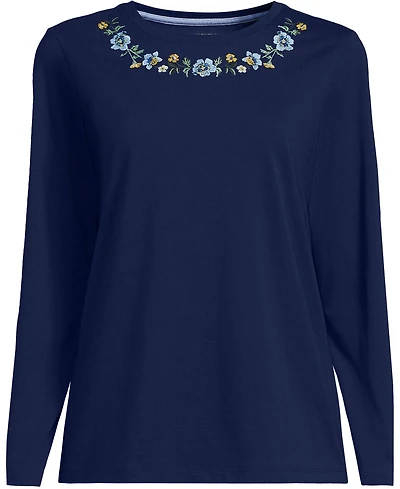 Lands' End Plus Size Supima Cotton Long Sleeve Embroidered Crew Neck T-Shirt