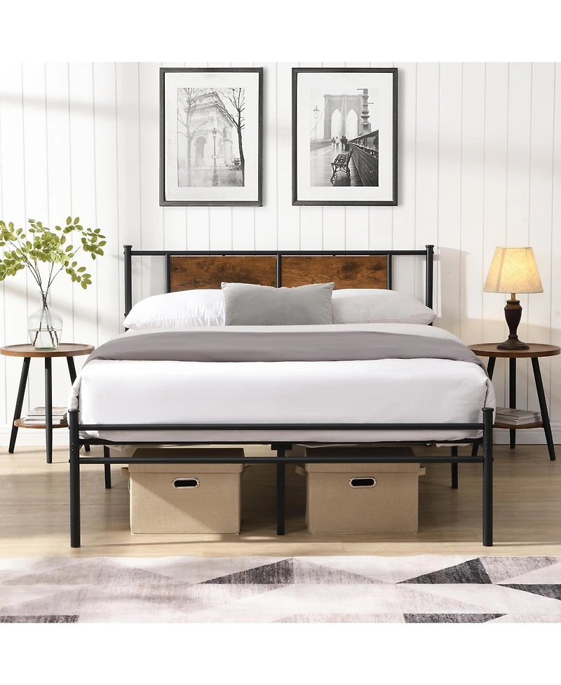 Slickblue Metal Platform Bed Frame with Wood Panel Headboard and Steel Slats