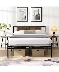 Slickblue Metal Platform Bed Frame with Wood Panel Headboard and Steel Slats