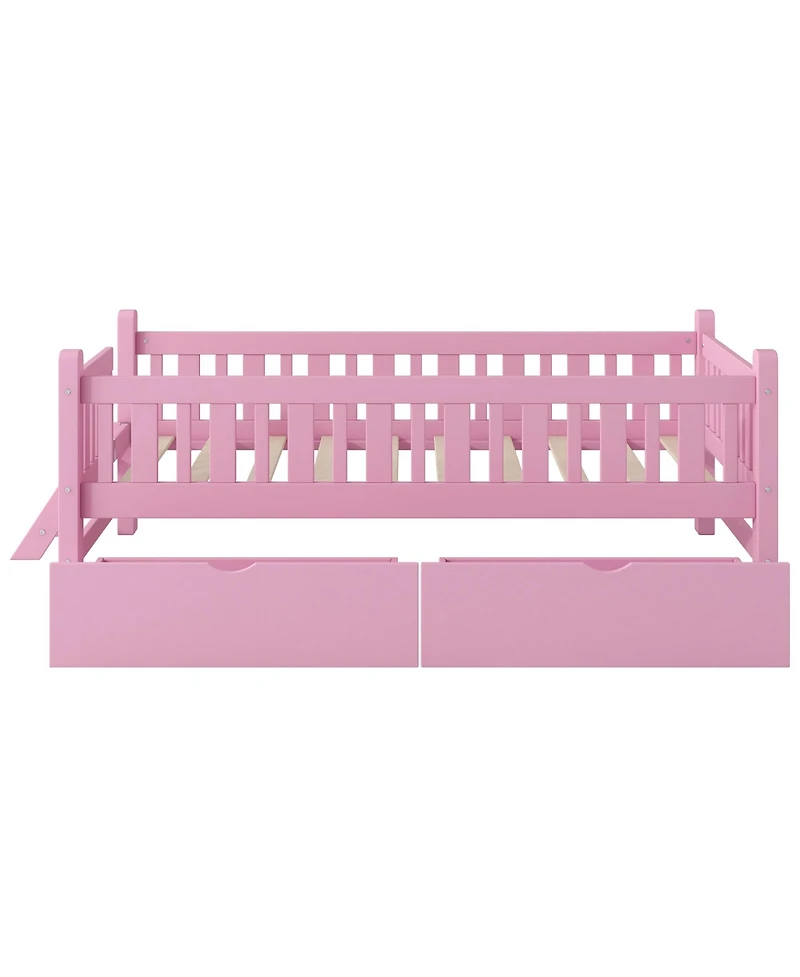 Slickblue Twin Wood Bed Frame with Safety Guardrail and 2 Storage Drawers