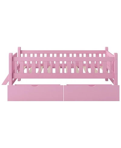 Slickblue Twin Wood Bed Frame with Safety Guardrail and 2 Storage Drawers