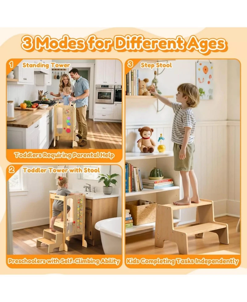 Fed Fitness Foldable Montessori Toddler Tower, Adjustable Kids Kitchen Helper Stool with Safety Net, Detachable Step Stool and Educational Games