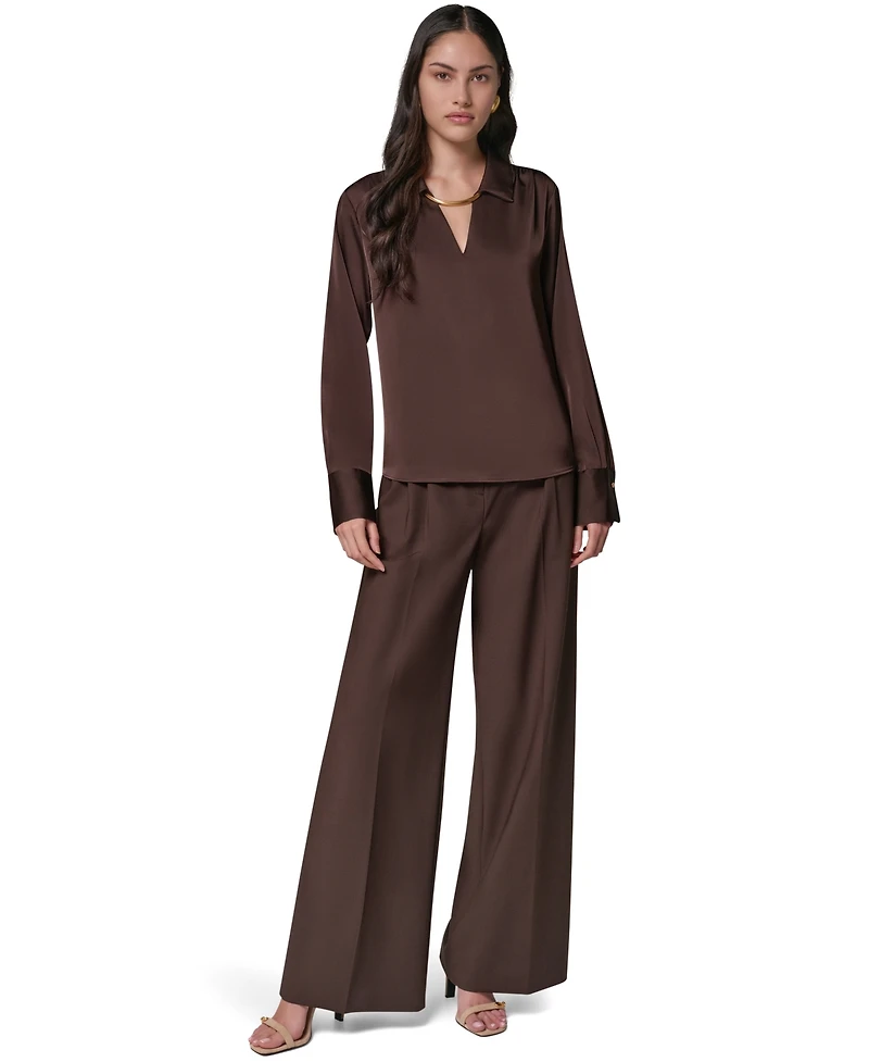 Donna Karan New York Women's Long-Sleeve Satin V-Neck Collared Blouse