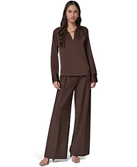 Donna Karan New York Women's Long-Sleeve Satin V-Neck Collared Blouse