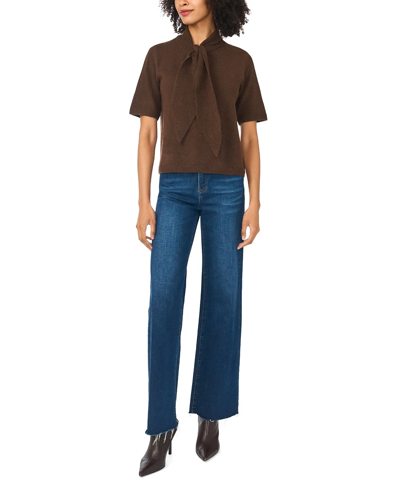 Sam & Jess Women's Cozy Tie Neck Short-Sleeve Loose-Fit Sweater