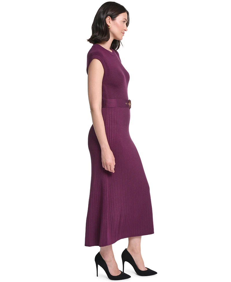 Jessica Howard Petite Cap Sleeve Belted A-Line Midi Sweater Dress