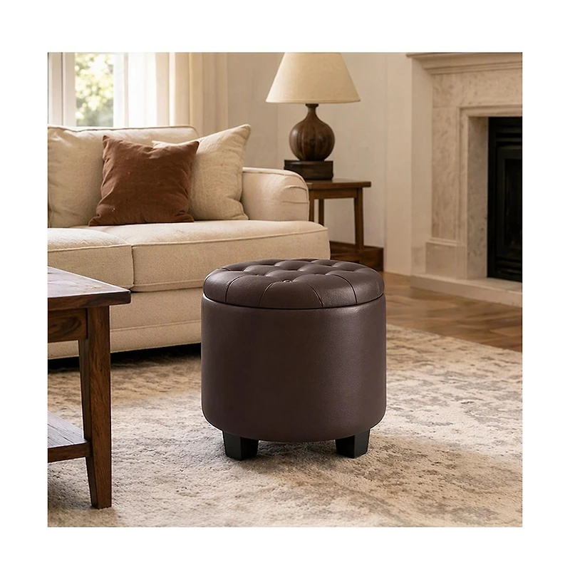 SongmicsHome Round Ottoman, Ottoman with Storage, Foot Rest with Legs, Synthetic Leather, for Living Room, Bedroom