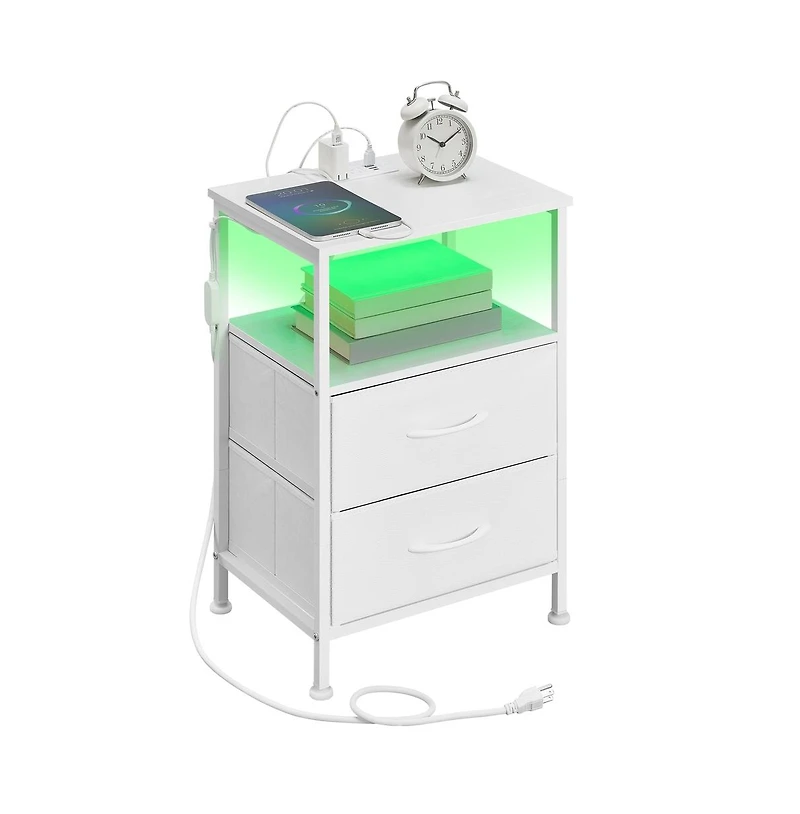 SongmicsHome Bedroom Bedside Table with Led Lights and Charging Station, Nightstand with 2 Drawer and 1 Shelf