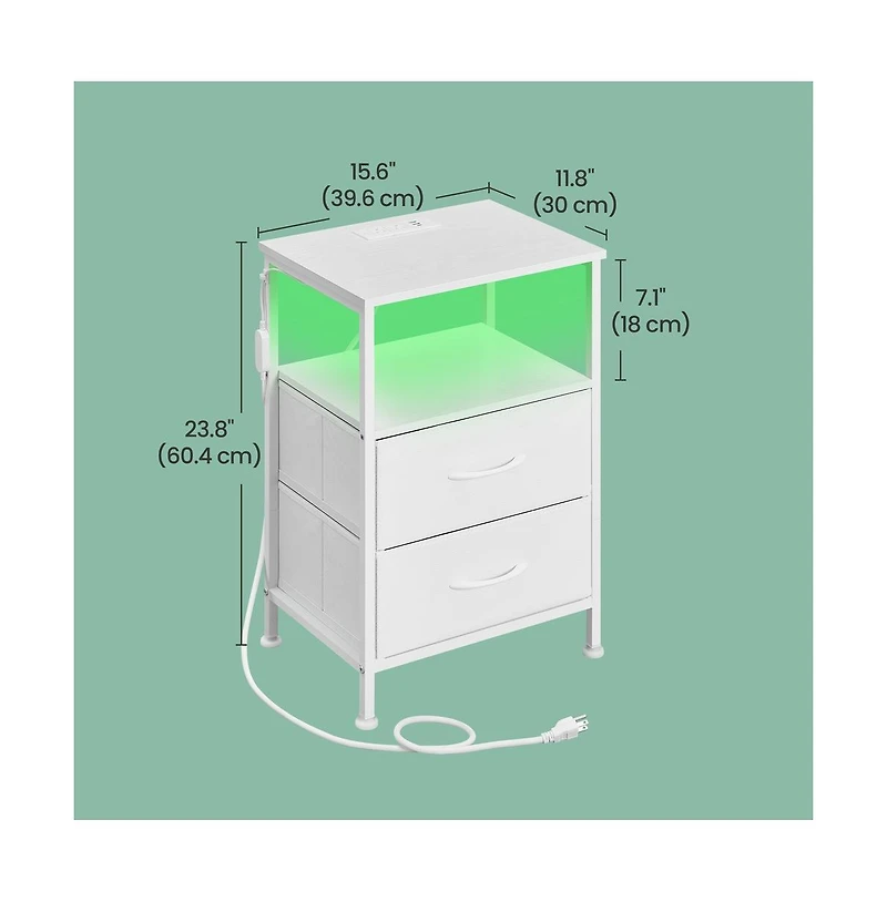 SongmicsHome Bedroom Bedside Table with Led Lights and Charging Station, Nightstand with 2 Drawer and 1 Shelf
