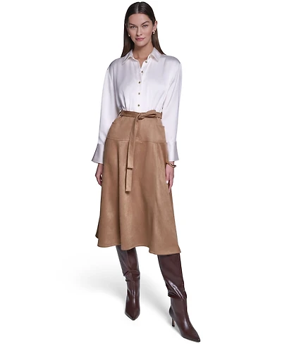 Halston Women's Colorblock A-Line Long-Sleeve Satin & Suede Midi Shirt Dress