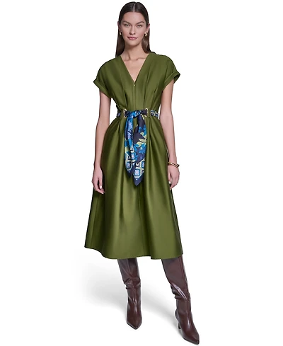 Halston Women's Scarf-Belt V-Neck A-Line Midi Shirt Dress