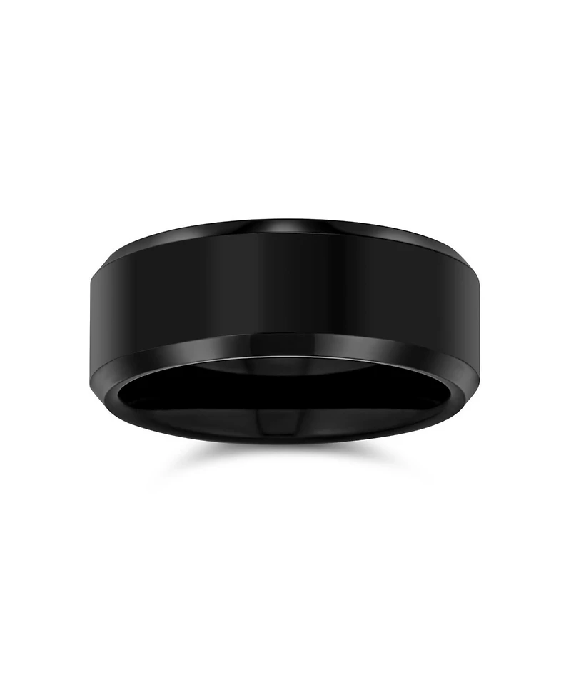 Bling Jewelry 8MM Matte Brushed Titanium Band Ring – Beveled Polished Edge Silver Tone