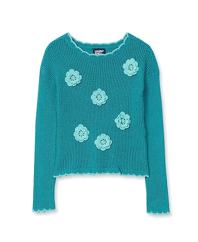 Lands' End Girls Long Sleeve Crochet Rosette Sweater