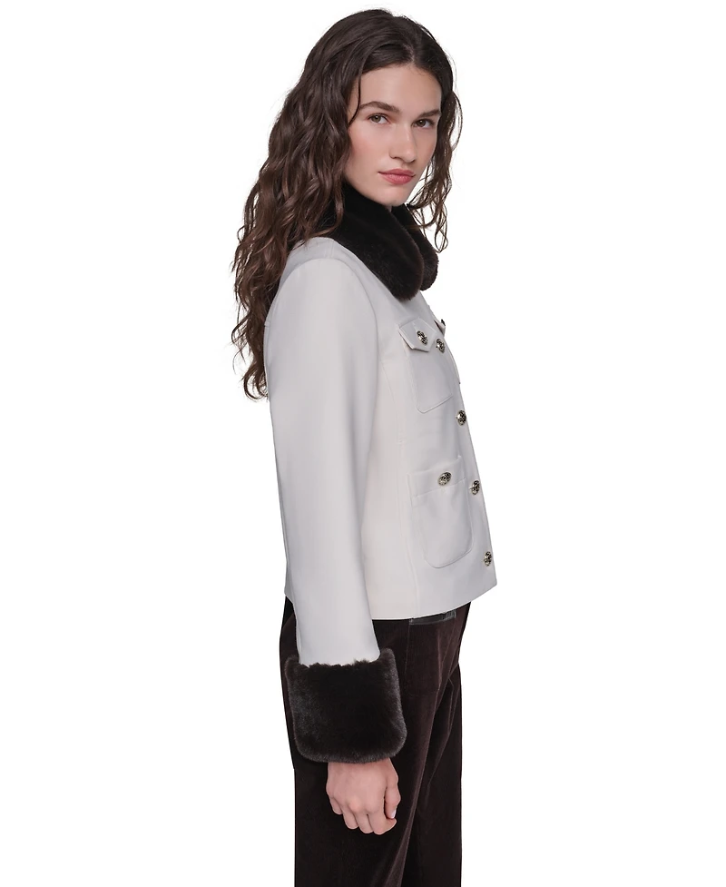 Karl Lagerfeld Paris Women's Faux-Fur Collar and Cuffs Short Jacket