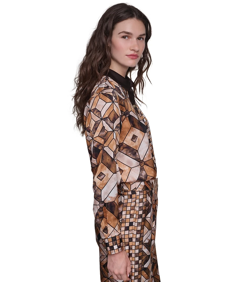 Karl Lagerfeld Paris Women's Long-Sleeve Collared Geometric Blouse