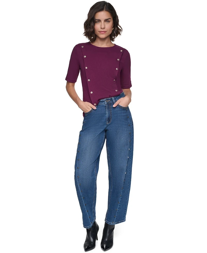 Karl Lagerfeld Paris Women's Short-Sleeve Crewneck Ribbed-Knit Cotton-Blend Sweater