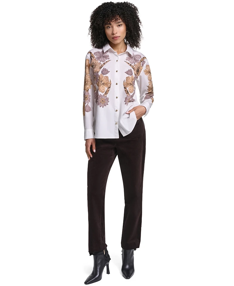 Karl Lagerfeld Paris Women's Floral-Print Long-Sleeve Hotfix Rhinestone Blouse