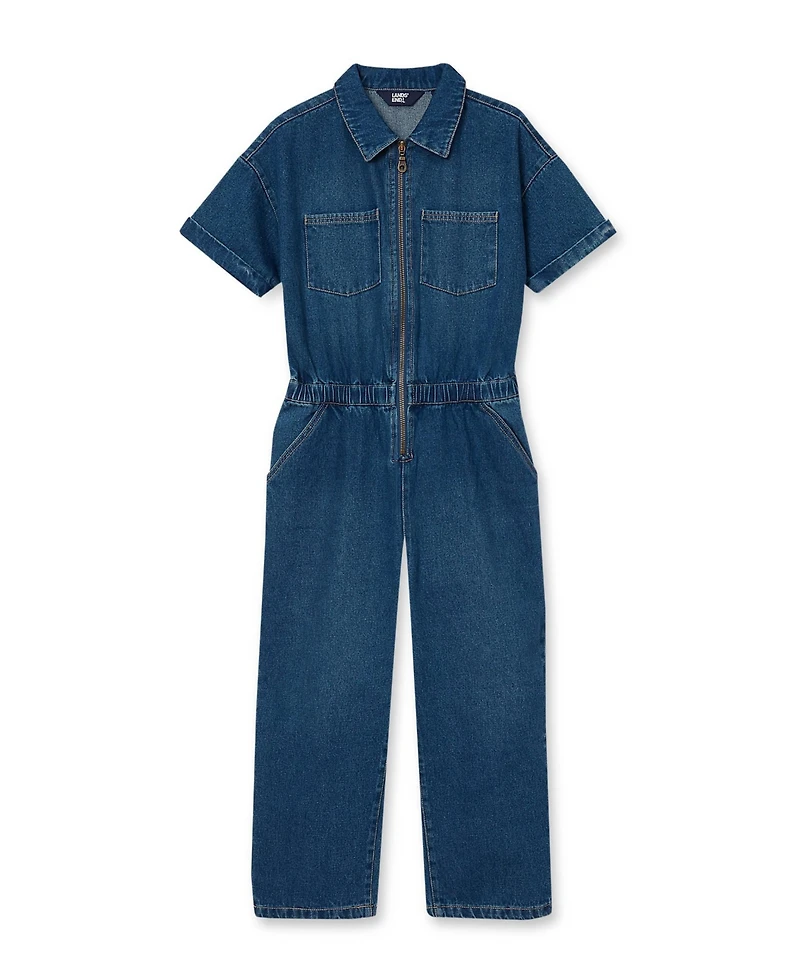 Lands' End Girls Short Sleeve Denim Jumpsuit