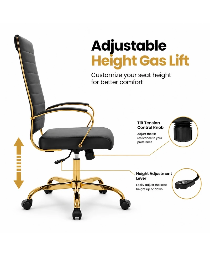 LeisureMod Set of 4 Benmar High-Back Leather Upholstered Swivel Executive Office Chair with Gold Accents, Adjustable, and Tilt