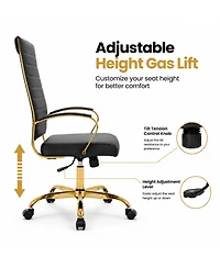 LeisureMod Set of 4 Benmar High-Back Leather Upholstered Swivel Executive Office Chair with Gold Accents, Adjustable, and Tilt