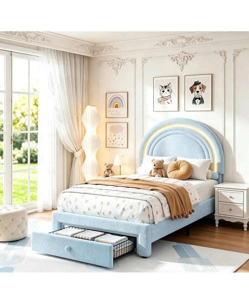 homfan Twin Upholstered Led Bed Frame with Drawer, Lamb Wool Rainbow Headboard, Wood Slat Support, No Box Spring Needed, Easy Assembly