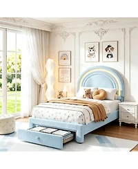 homfan Twin Upholstered Led Bed Frame with Drawer, Lamb Wool Rainbow Headboard, Wood Slat Support, No Box Spring Needed, Easy Assembly