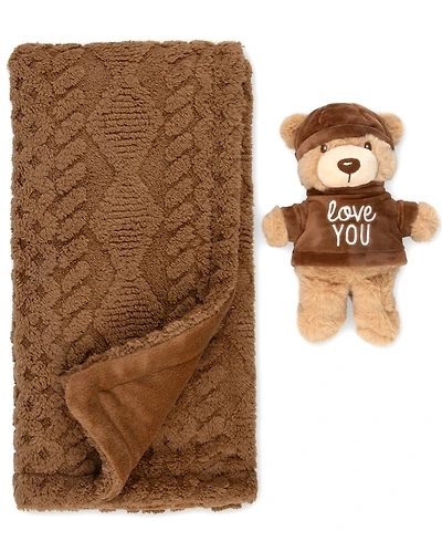 Baby Essentials Baby Boys' or Baby Girls' Cable-Knit Reversible Blanket and Plush Bear, 2-Piece Set