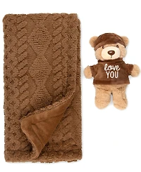 Baby Essentials Baby Boys' or Baby Girls' Cable-Knit Reversible Blanket and Plush Bear, 2-Piece Set