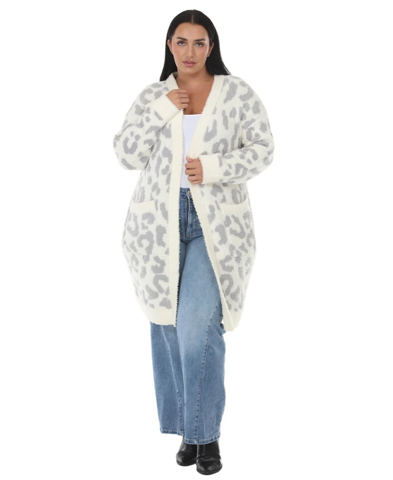 White Mark Plus Leopard-Print Sherpa Open-Front Cardigan