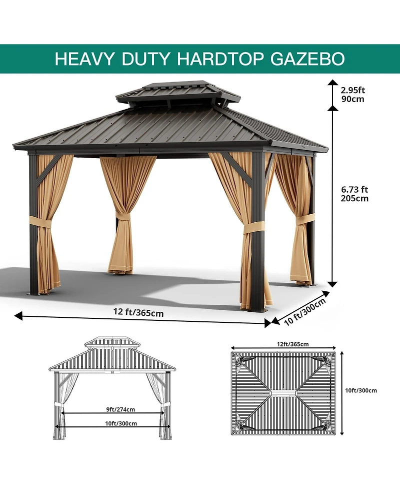 10x12 Ft Double Roof Gazebo, Heavy Duty Steel Frame with Fabric Canopy and Mesh for Patio Backyard Outdoor Gatherings, Khaki/Grey